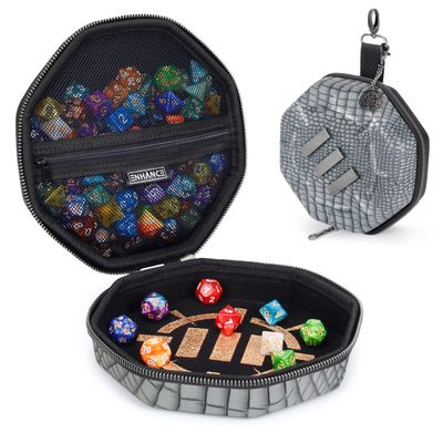 ENHANCE DND Dice Tray and Case - Collector's Edition DND Dice Holder for up to 150 D&D Shakers with Hard Shell Exterior and Soft Interior - Rolling Tray Perfect for Game Night (Dragon Silver)