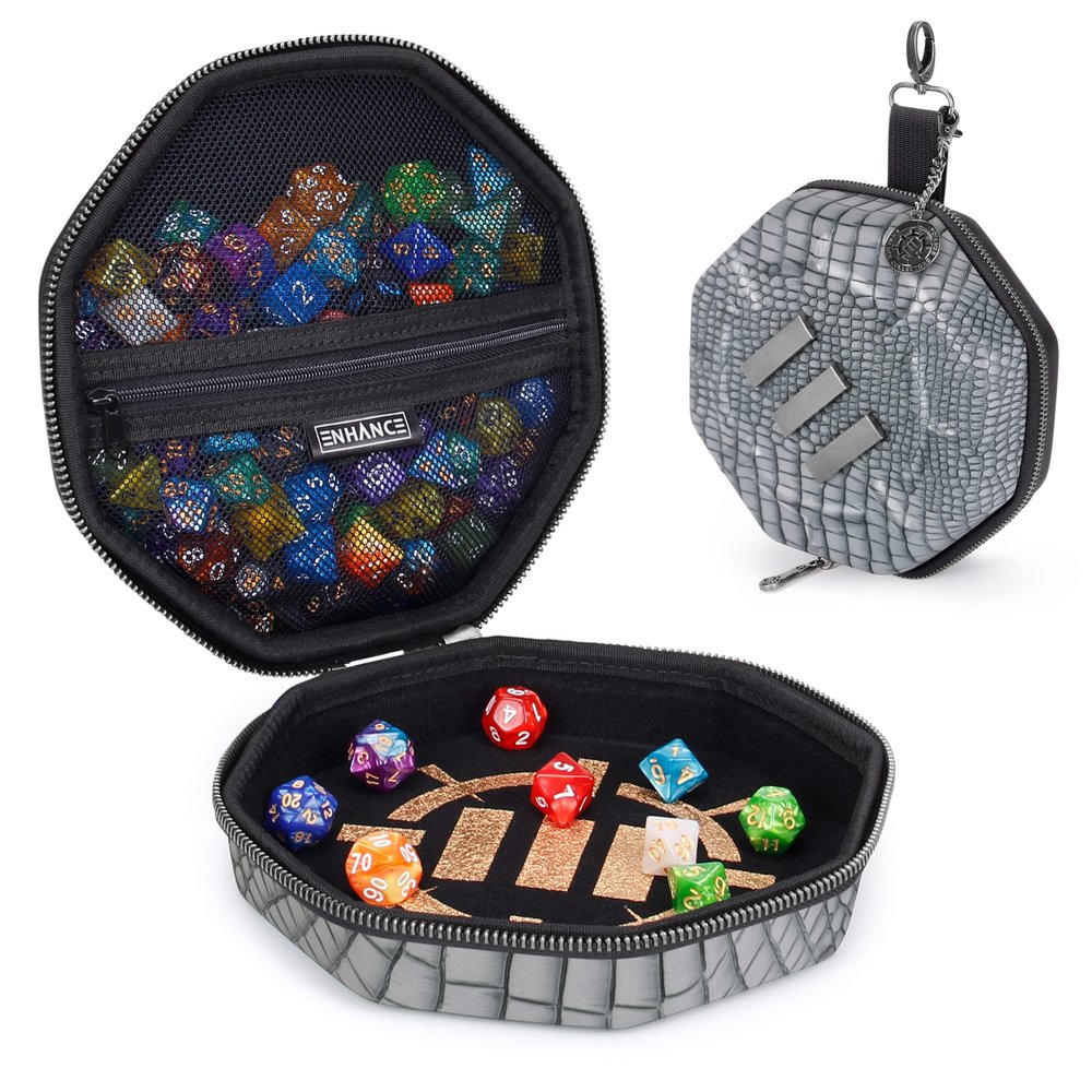 ENHANCE DND Dice Tray and Case - Collector's Edition DND Dice Holder for up to 150 D&D Shakers with Hard Shell Exterior and Soft Interior - Rolling Tray Perfect for Game Night (Dragon Silver)