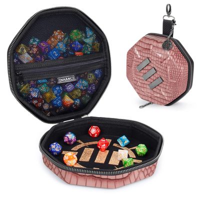 ENHANCE DnD Dice Tray and Case - Collector's Edition DnD Dice Holder for up to 150 D&D Shakers with Hard Shell Exterior and Protective Soft Interior - Rolling Tray Perfect for Game Night (Dragon Pink)