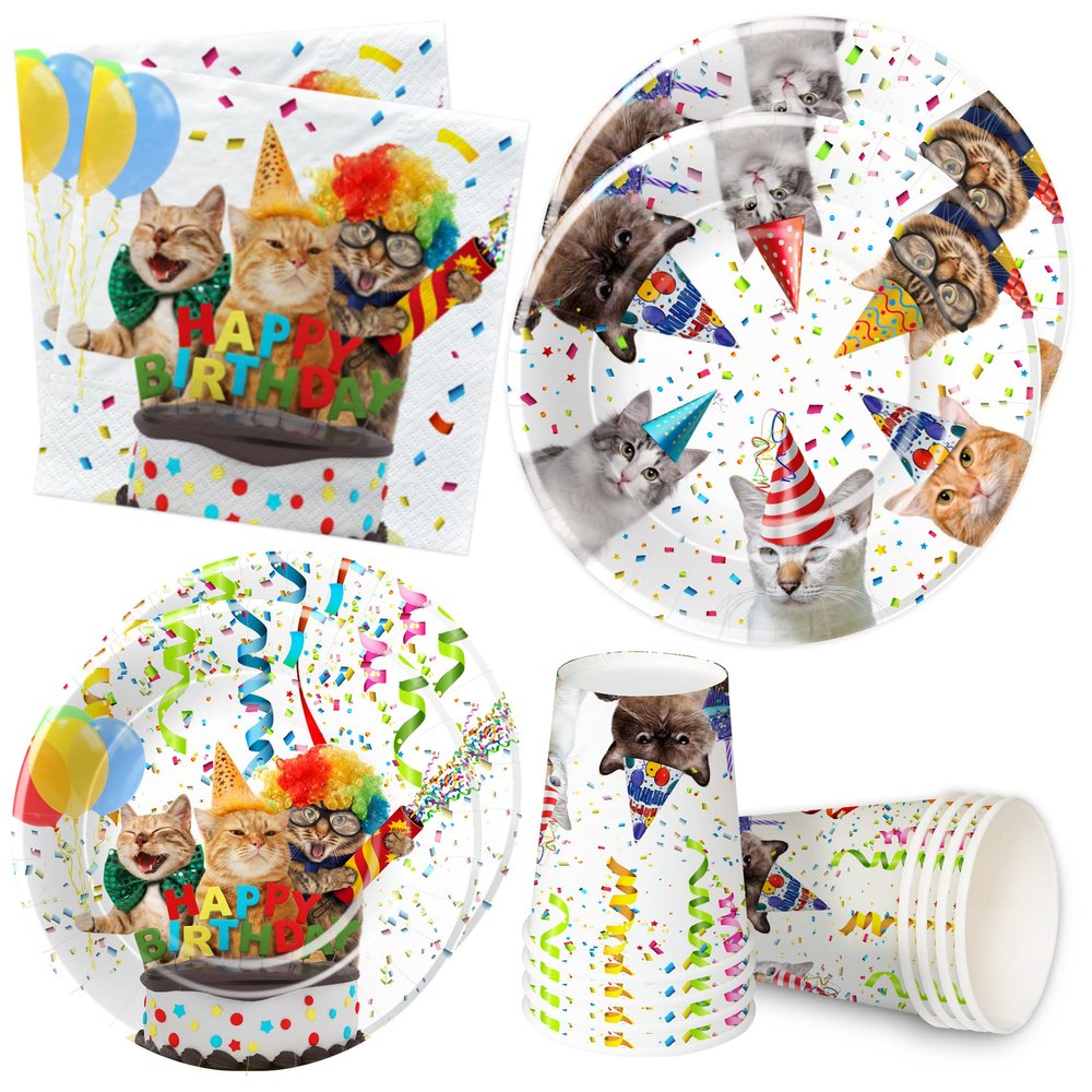 APOWBLS Cat Theme Birthday Party Supplies - Cat Party Decorations Dinnerware Include Cat Party Plates, Cup, Napkin, Kitten Birthday Decorations Tableware | Serve 24