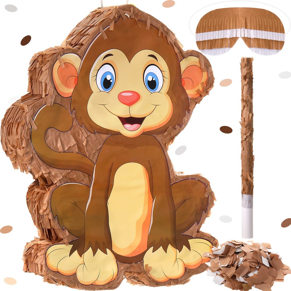Sratte Monkey Piata Bundle with a Blindfold and Bat (16 x 12 x 3 Inches), Cute Animal Piata for Birthday Party Toys Decoration for Animal Theme Birthday Party Game Supplies Photo Prop