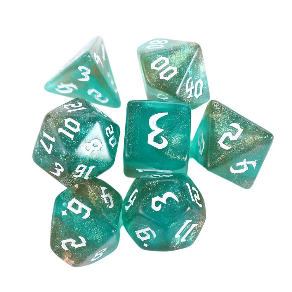 7-Die Iridescent Glitter Polyhedral Two-Tone Dice Set D4 D6 D8 D10 D% D12 D20 for DND Enthusiast RPG Adventurer(Aqua + Gold)