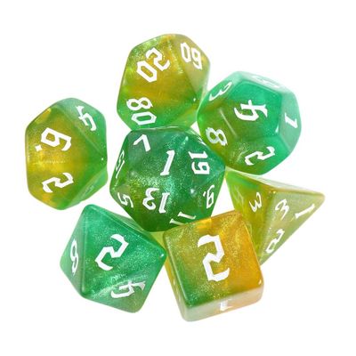 7-Die Iridescent Glitter Polyhedral Two-Tone Dice Set D4 D6 D8 D10 D% D12 D20 for DND Enthusiast RPG Adventurer(Yellow-Green)