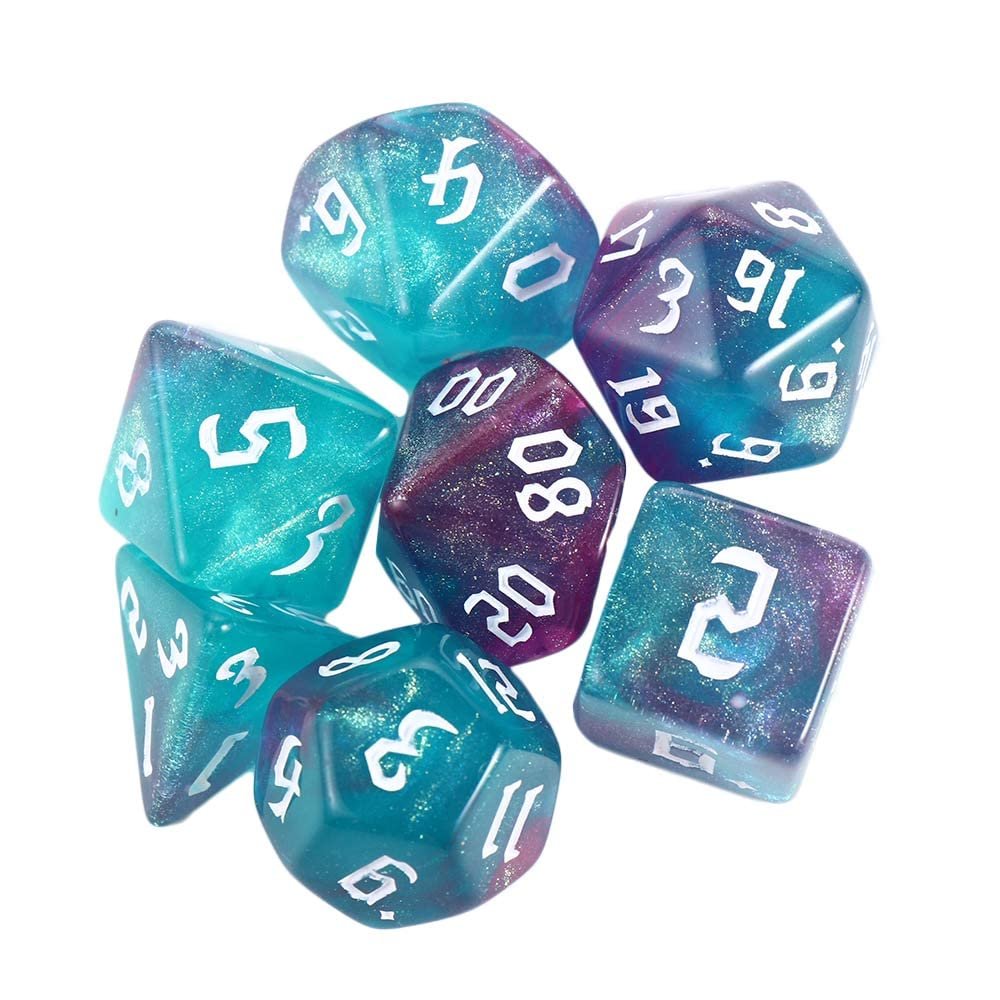 7-Die Iridescent Glitter Polyhedral Two-Tone Dice Set D4 D6 D8 D10 D% D12 D20 for DND Enthusiast RPG Adventurer(Aqua+Purple)