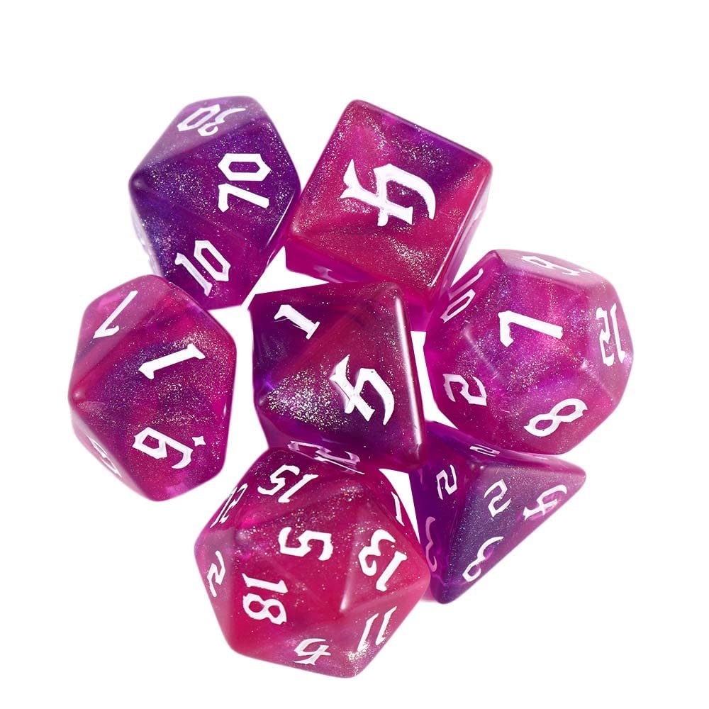 7-Die Iridescent Glitter Polyhedral Two-Tone Dice Set D4 D6 D8 D10 D% D12 D20 for DND Enthusiast RPG Adventurer(Rose + Purple)
