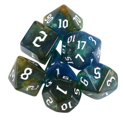 7-Die Iridescent Glitter Polyhedral Two-Tone Dice Set D4 D6 D8 D10 D% D12 D20 for DND Enthusiast RPG Adventurer(Blue Gold)