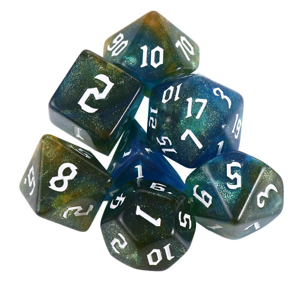 7-Die Iridescent Glitter Polyhedral Two-Tone Dice Set D4 D6 D8 D10 D% D12 D20 for DND Enthusiast RPG Adventurer(Blue Gold)