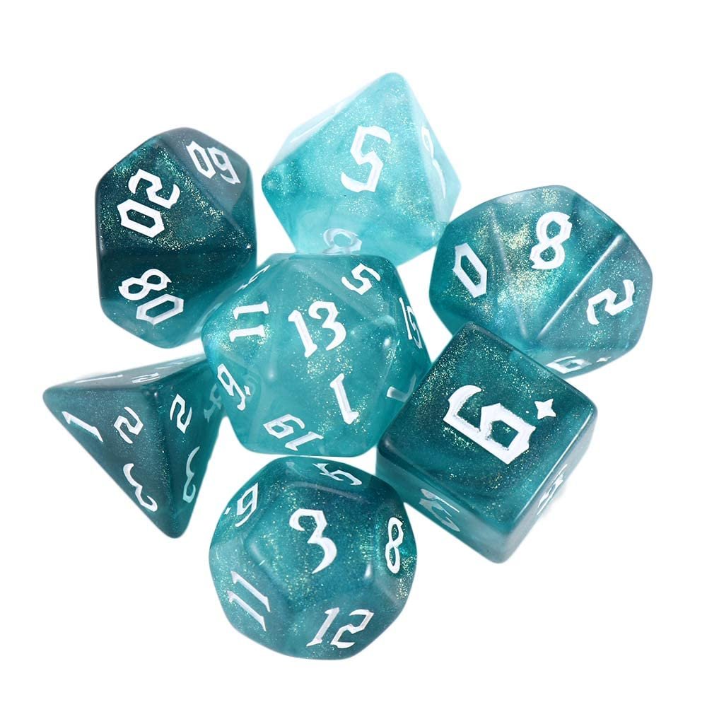 7-Die Iridescent Glitter Polyhedral Two-Tone Dice Set D4 D6 D8 D10 D% D12 D20 for DND Enthusiast RPG Adventurer(Green + Milk White)