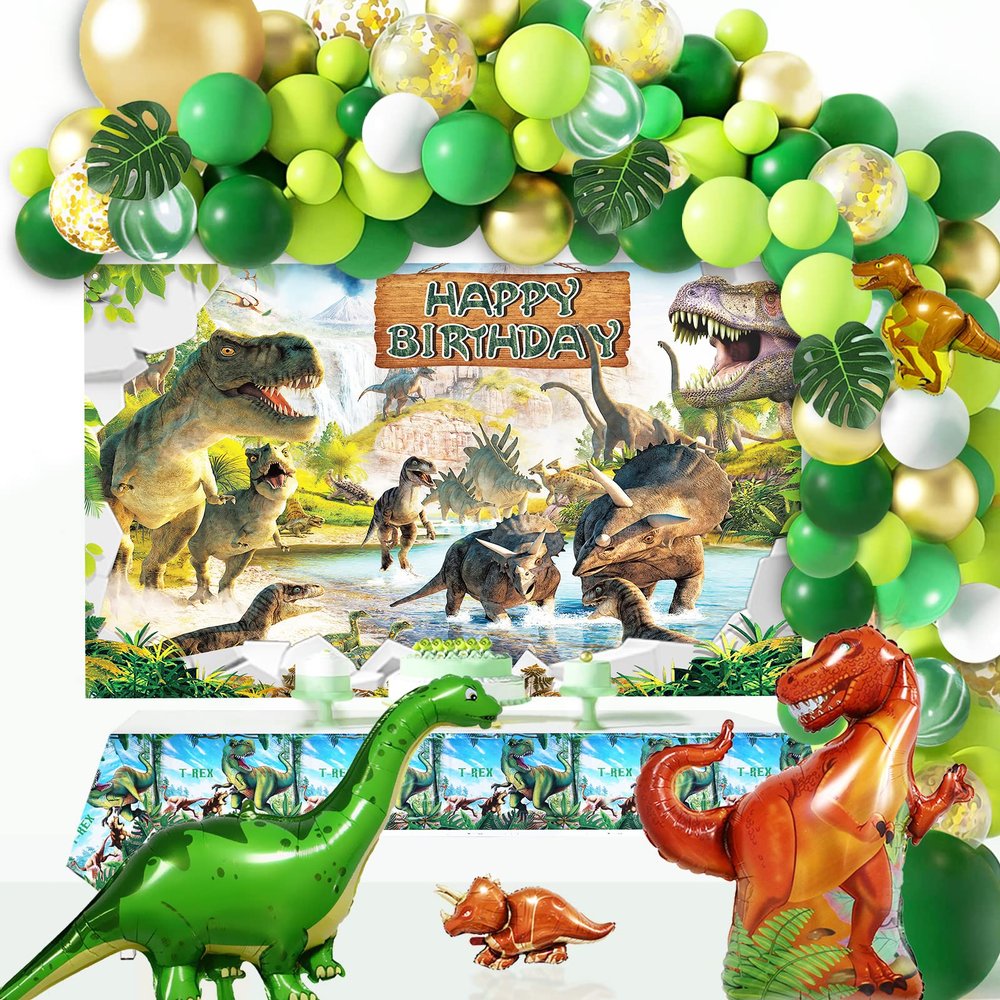 iPartycool Dinosaur Birthday Decorations, 113PCS Dinosaur Party Decorations with Dino Balloon Arch Happy Birthday Backdrop Tablecloth Pump for Boys Girls Kids Birthdays Party Decorations