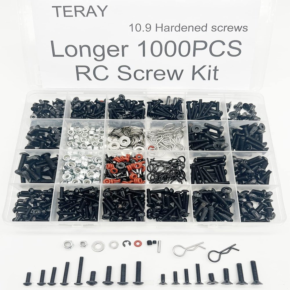 1000pcs Universal RC Screw Kit Screws Assortment Set, Hardware Fasteners for Traxxas Axial Redcat HPI Arrma SCX10 Losi 1/8 1/10 1/12 1/16 Scale RC Cars Trucks Crawler (1000pcs Longer RC Screws)
