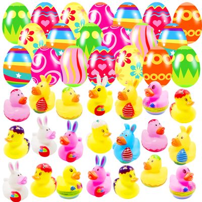 20 Pcs Prefilled Easter Eggs with Rubber Ducks Bright Colorful Easter Eggs Prefilled with Variety Bunny Duckies for Kids Easter Basket Stuffers and Party Favors