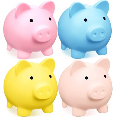 4 Pieces Large Piggy Bank Plastic Kids Cute Piggy Bank Saving Money Box for Kids Boys Girls Adults, 6 x 4.8 x 5.4 Inch(Blue, Pink, Yellow, Beige)