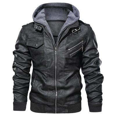 Maiyifu-GJ Casual Motorcycle Jacket for Men Faux Leather Windproof Moto Coat Vintage Bomber Hoodie with Removable Hood (Black,Medium)