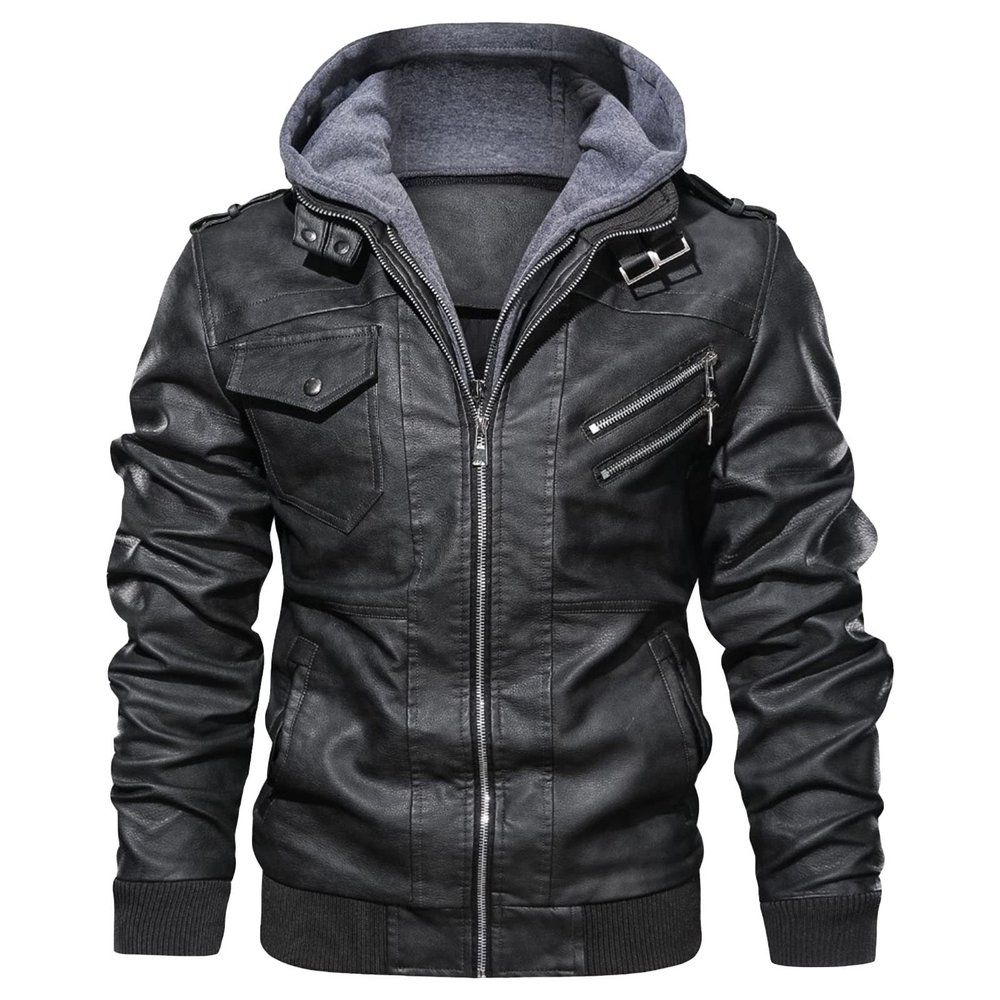 Maiyifu-GJ Casual Motorcycle Jacket for Men Faux Leather Windproof Moto Coat Vintage Bomber Hoodie with Removable Hood (Black,Medium)