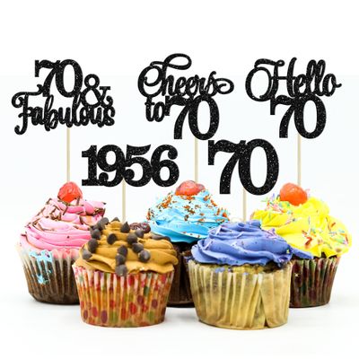 Gyufise 30Pcs 70th Birthday Cupcake Toppers 70 Fabulous Cupcake Picks Cheers to 70 1956 Cake Decorations for Happy 70th Birthday Wedding Anniversary Party Decoration Supplies Black