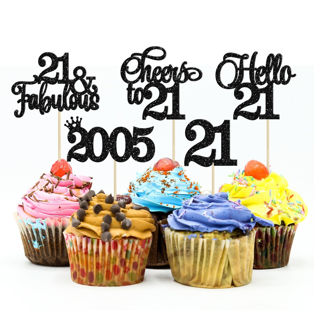 Gyufise 30Pcs 21st Birthday Cupcake Toppers Hello 21 Cupcake Picks 2005 Cupcake Topper for Happy 21st Birthday Anniversary Party Cake Decorations Supplies Black