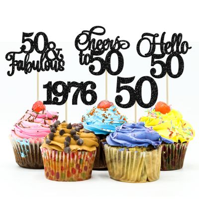 Gyufise 30Pcs 50th Birthday Cupcake Toppers 50 Fabulous Cupcake Picks Cheers to 50 1976 Cake Decorations for Happy 50th Birthday Wedding Anniversary Party Decoration Supplies Black