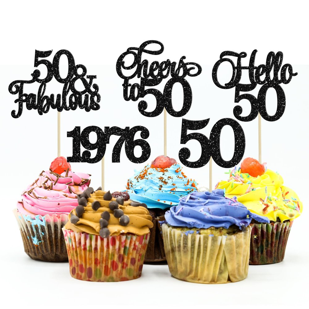 Gyufise 30Pcs 50th Birthday Cupcake Toppers 50 Fabulous Cupcake Picks Cheers to 50 1976 Cake Decorations for Happy 50th Birthday Wedding Anniversary Party Decoration Supplies Black