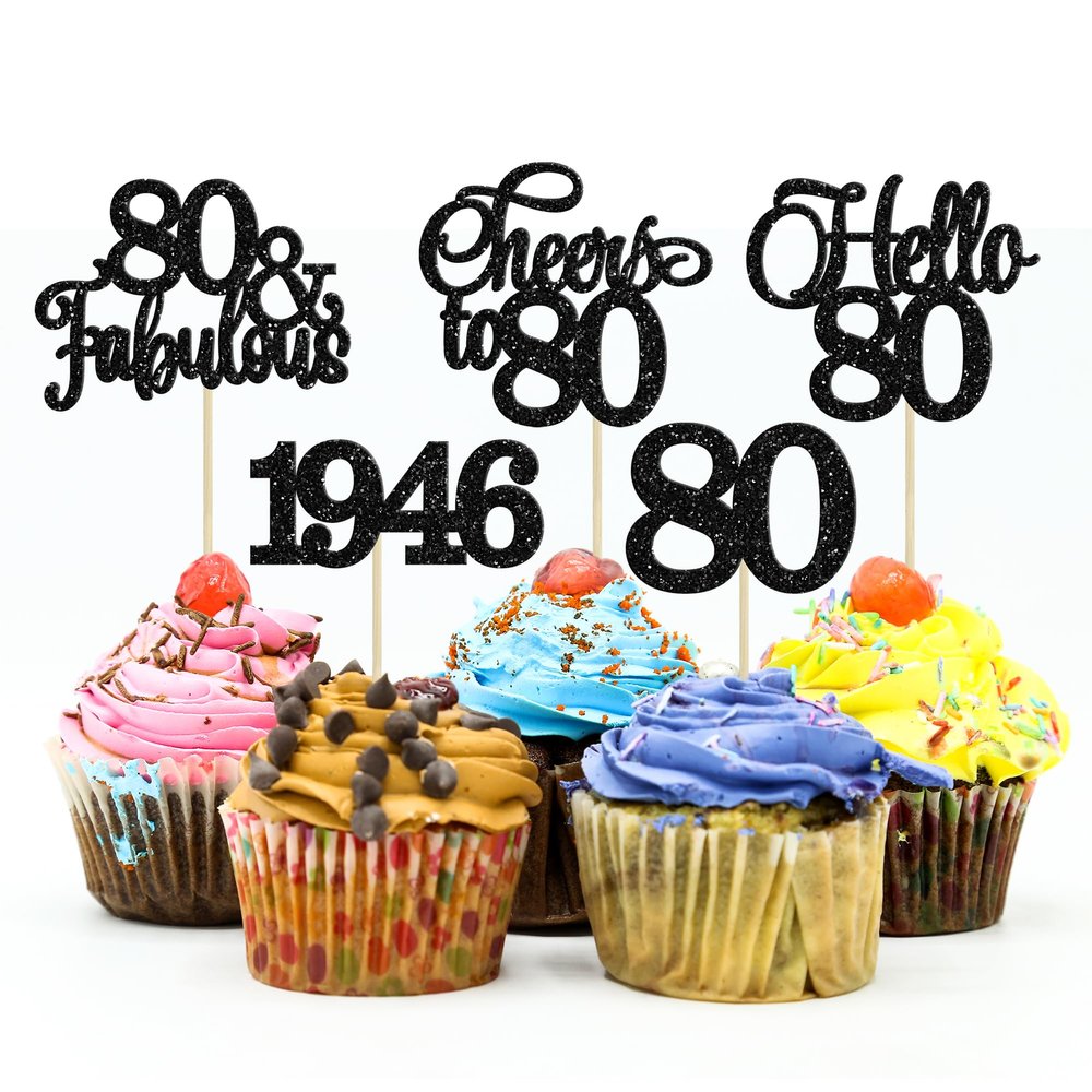 Gyufise 30Pcs 80th Birthday Cupcake Toppers 80 Fabulous Cupcake Picks Cheers to 80 1946 Cake Decorations for Happy 80th Birthday Wedding Anniversary Party Decoration Supplies Black