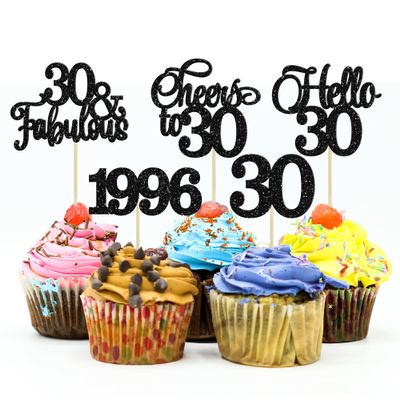 Gyufise 30Pcs 30th Birthday Cupcake Toppers Glitter Hello 30 Cupcake Topper Cheers to 30 1996 Thirty Cupcake Picks for Happy 30th Birthday Anniversary Party Cake Decorations Black