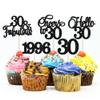 Gyufise 30Pcs 30th Birthday Cupcake Toppers Glitter Hello 30 Cupcake Topper Cheers to 30 1996 Thirty Cupcake Picks for Happy 30th Birthday Anniversary Party Cake Decorations Black view 1