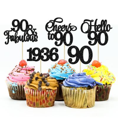 Gyufise 30Pcs 90th Birthday Cupcake Toppers 90 Fabulous Cupcake Picks Cheers to 90 1936 Cake Decorations for Happy 90th Birthday Wedding Anniversary Party Decoration Supplies Black