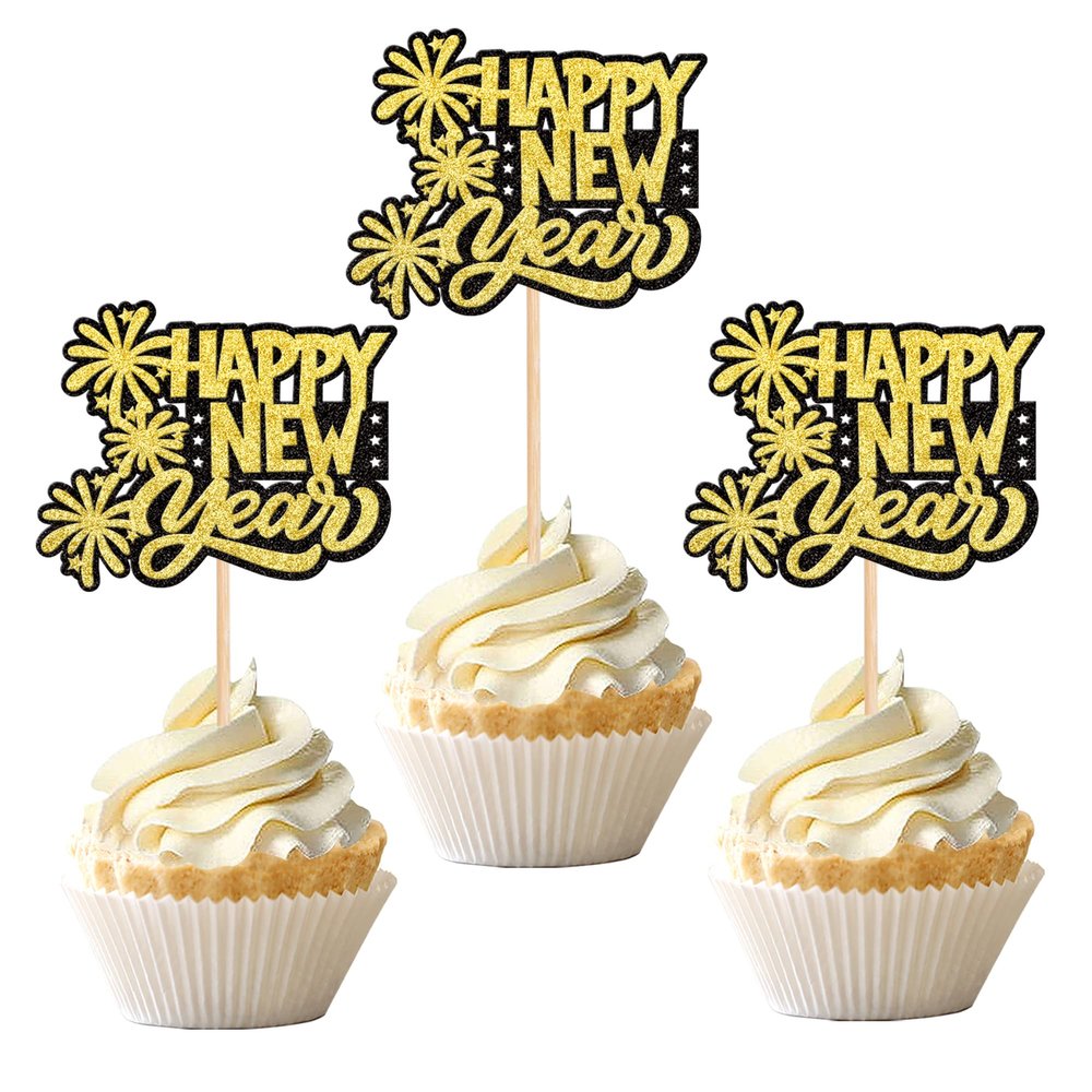 24 PCS 2026 Happy New Year Cupcake Toppers Glitter Firworks Hello 2026 Cupcake Picks for Cheers to 2026 Happy New Year Eve Theme Holiday Party Cake Decorations Supplies Black Gold