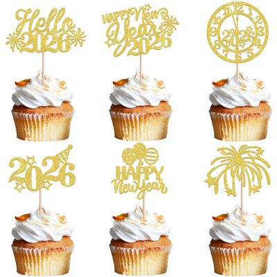 24 PCS 2026 Happy New Year Cupcake Toppers Glitter Balloon Fireworks Clock Hello 2026 Cupcake Picks for Cheers to 2026 Happy New Year Theme Holiday Party Cake Decorations Supplies Gold
