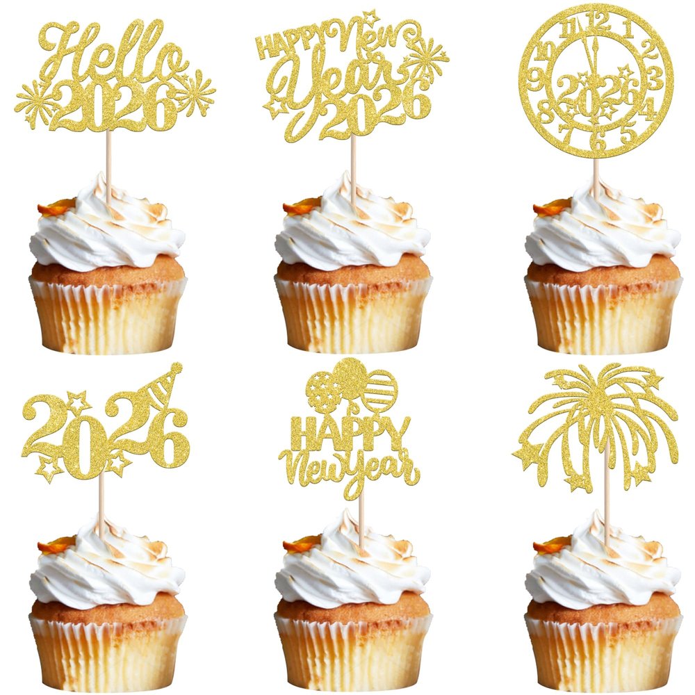 24 PCS 2026 Happy New Year Cupcake Toppers Glitter Balloon Fireworks Clock Hello 2026 Cupcake Picks for Cheers to 2026 Happy New Year Theme Holiday Party Cake Decorations Supplies Gold