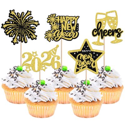 30 PCS 2026 Happy New Year Cupcake Toppers Glitter Fireworks Cheers to 2026 Cupcake Picks for Welcome 2026 Happy New Year Theme Holiday Party Cake Decorations Supplies