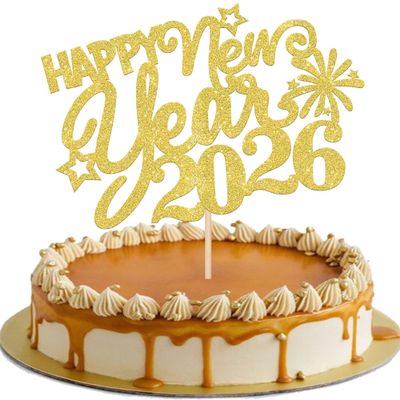 1 PCS 2026 Happy New Year Cake Topper with Glitter Star Fireworks Hello 2026 Cake Pick Cheers to 2026 Cake Decorations for Welcome 2026 Happy New Year Theme Holiday Party Supplies Gold