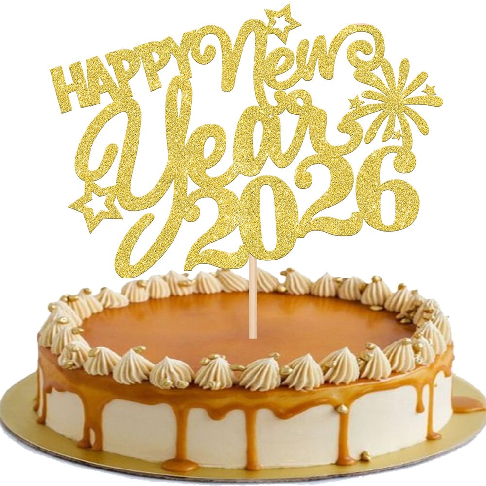 1 PCS 2026 Happy New Year Cake Topper with Glitter Star Fireworks Hello 2026 Cake Pick Cheers to 2026 Cake Decorations for Welcome 2026 Happy New Year Theme Holiday Party Supplies Gold