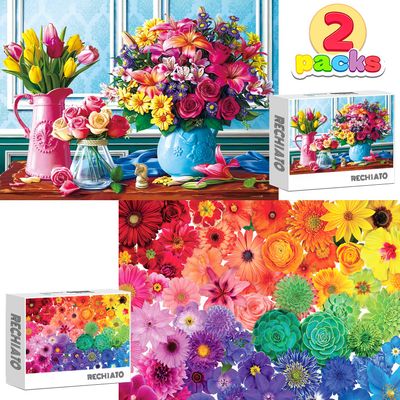 1000 Pieces Flower Puzzles for Adults, 2 Pack Colorful Flowers Jigsaw Puzzles, Spring Plants Rose Daisy Blooms Challenging Funny Puzzles for Friends Family Activity Game Nights Gifts
