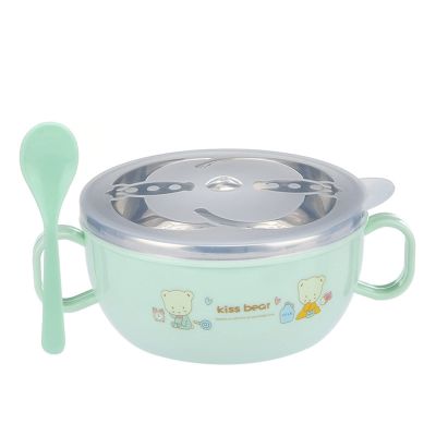 lamphle Insulated Kids Bowl with Lid & Spoon - Stainless Steel, Easy to Clean, Light Green