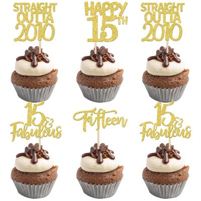24 Pack Straight Outta 2010 Cupcake Toppers Happy 15th Birthday Fifteen Awesome Since 2010 Cupcake Picks 15 Fabulous Cake Decorations for 15th Birthday Anniversary Party Gold