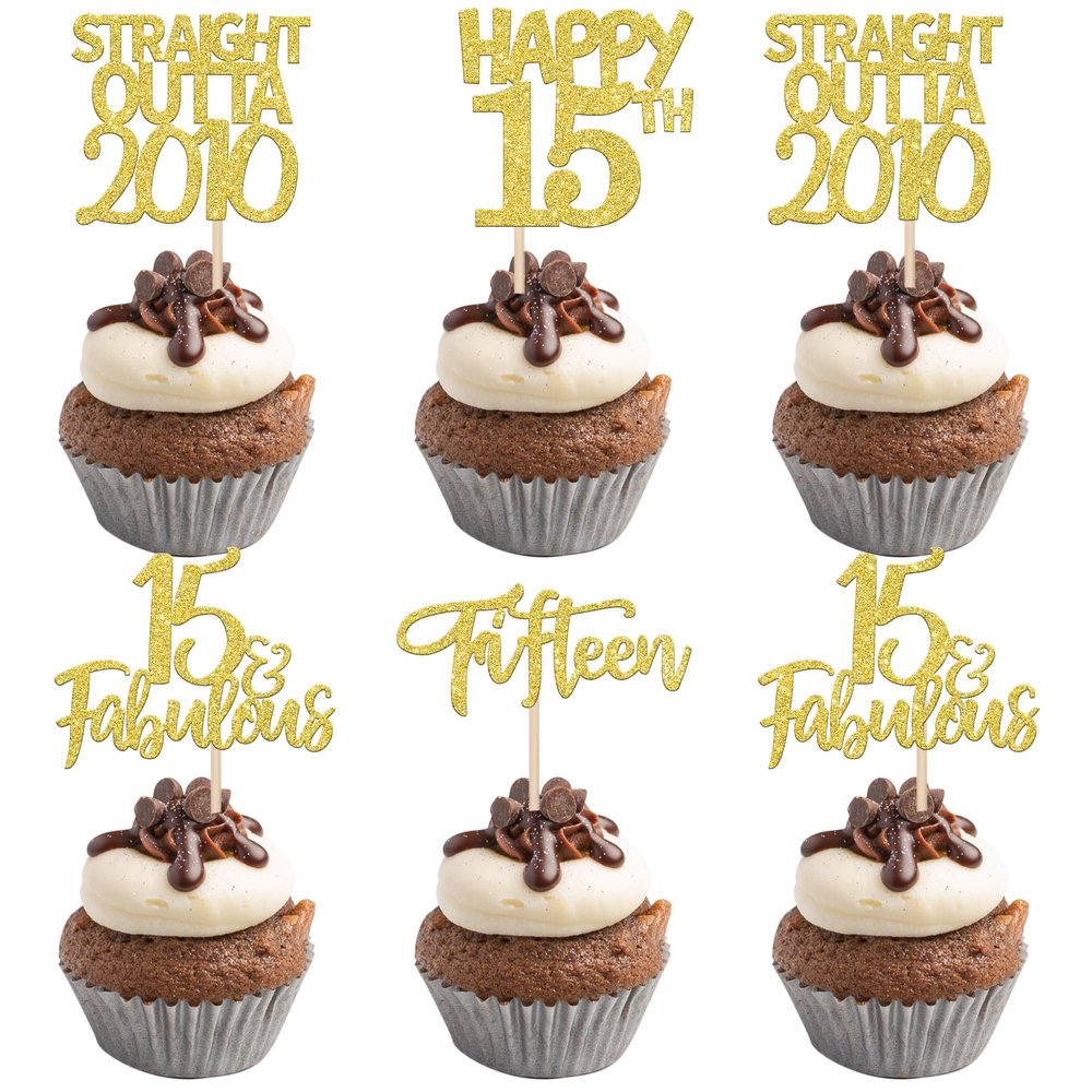 24 Pack Straight Outta 2010 Cupcake Toppers Happy 15th Birthday Fifteen Awesome Since 2010 Cupcake Picks 15 Fabulous Cake Decorations for 15th Birthday Anniversary Party Gold