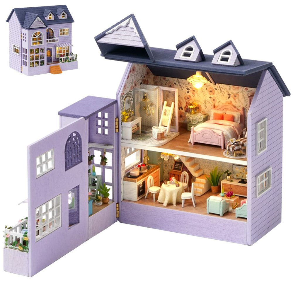 Spilay Dollhouse DIY Miniature Wooden Furniture Kit,Mini Handmade Doll House with LED,1:24 Scale Creative Woodcrafts for Adult Friend Lover Birthday Gift D32