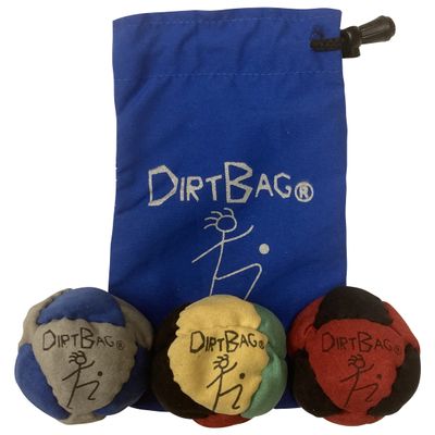 DIRTBAG Classic Footbag 3 Pack with Pouch, Unique, Footbag Set with Signature Carry Bag- Grey/Rasta/Red with Blue Pouch.