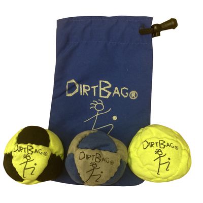 DIRTBAG Classic Footbag 3 Pack with Pouch, Unique, Footbag Set with Signature Carry Bag- Fl. Yellow/Black, Grey/Blue with Blue Pouch.