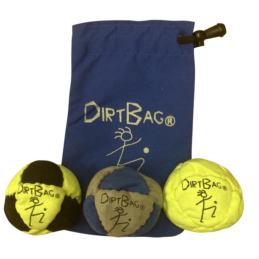 DIRTBAG Classic Footbag 3 Pack with Pouch, Unique, Footbag Set with Signature Carry Bag- Fl. Yellow/Black, Grey/Blue with Blue Pouch.