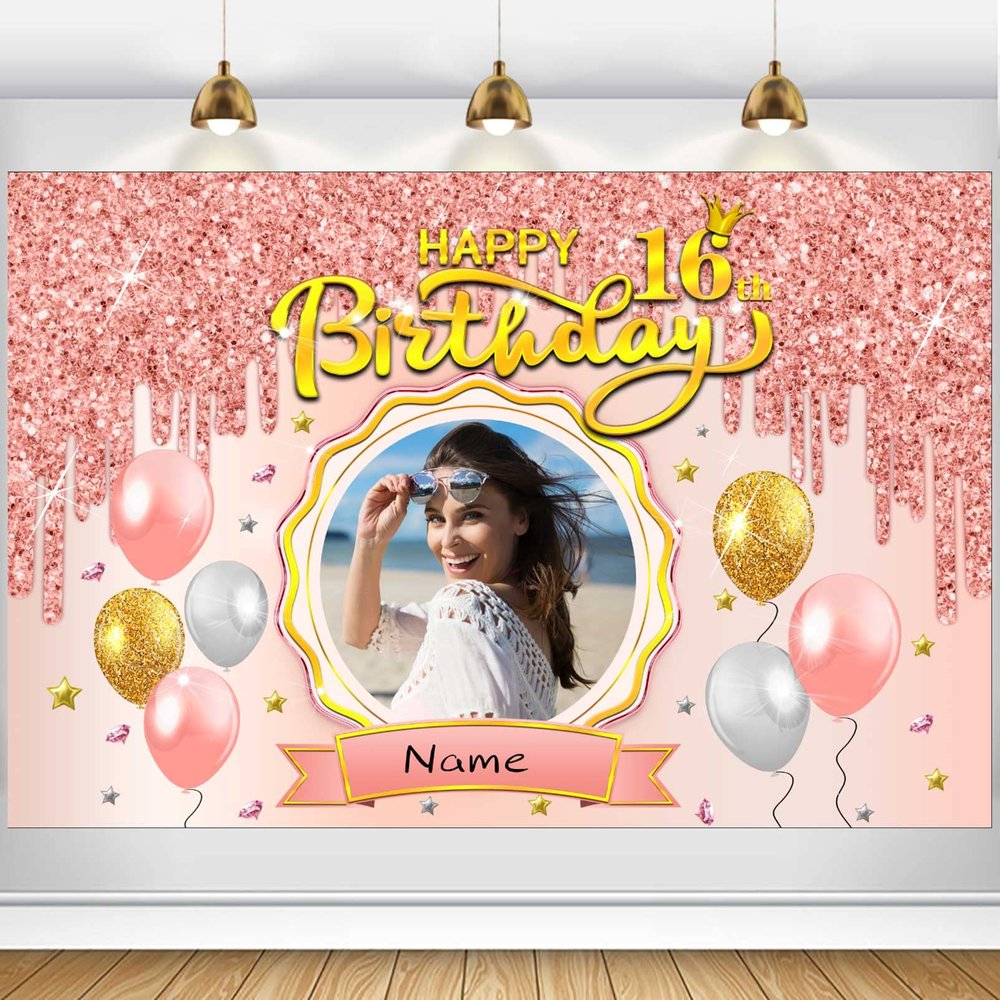 Custom Happy 16th Birthday Banner Backdrop - 16 Years Old Birthday Decorations Party Supplies for Girl - Rose Gold