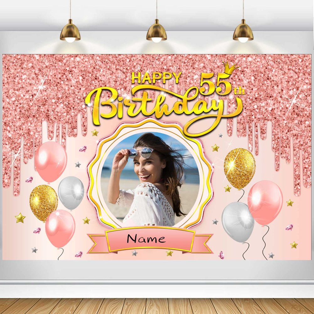 Custom Happy 55th Birthday Banner - 55 Years Old Birthday Decorations Party Supplies for Women - Rose Gold