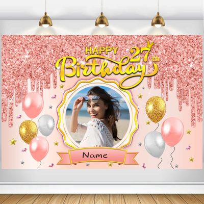 Custom Happy 27th Birthday Banner - 27 Years Old Birthday Decorations Party Supplies for Girl - Rose Gold