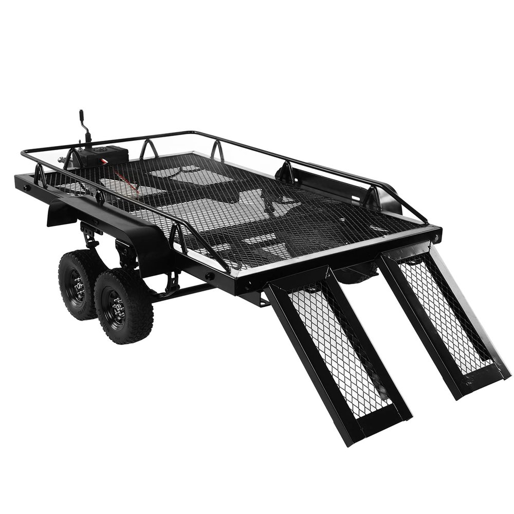 RC Trailer, 1/10 Heavy Duty RC Car Trailer Flatbed Trailer Kit, Metal Trail Car Trailer Accessory with 4 Tires for for Scx10 90046 90047 Cc01 D90 D110 1/10 RC Car