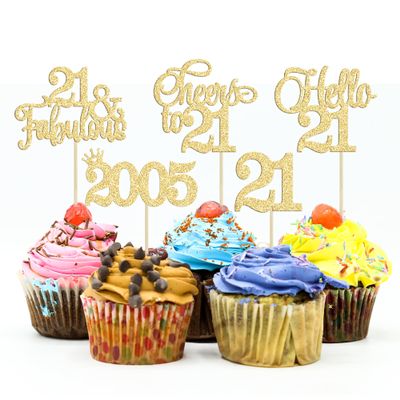 Gyufise 30Pcs 21st Birthday Cupcake Toppers Hello 21 Cupcake Picks 2005 Cupcake Topper for Happy 21st Birthday Anniversary Party Cake Decorations Supplies Gold