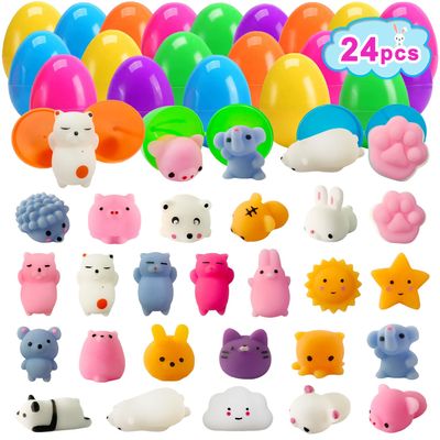 24 Pack Fillers Easter Eggs with Mochi Squishy Toys Surprise Mini Kawaii Animal Squishies Stress Relief Toys for Easter Basket Stuffers Hunt Theme Party Favors Classroom Prize Supplies