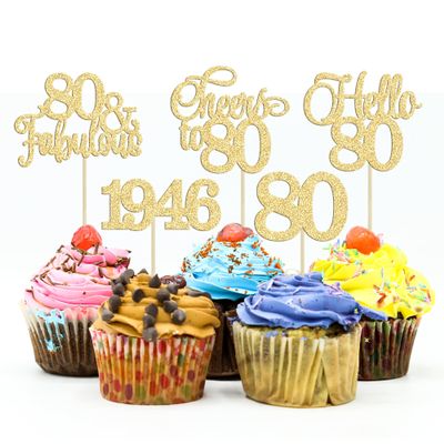 Gyufise 30Pcs 80th Birthday Cupcake Toppers 80 Fabulous Cupcake Picks Cheers to 80 1945 Cake Decorations for Happy 80th Birthday Wedding Anniversary Party Decoration Supplies Gold