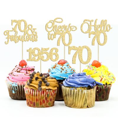 Gyufise 30Pcs 70th Birthday Cupcake Toppers 70 Fabulous Cupcake Picks Cheers to 70 1956 Cake Decorations for Happy 70th Birthday Wedding Anniversary Party Decoration Supplies Gold