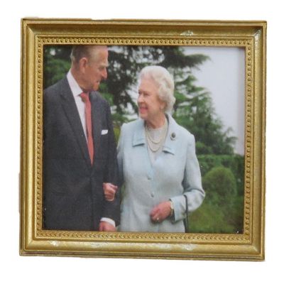 Melody Jane Dolls Houses Dollhouse Queen Elizabeth II & Prince Philip Portrait Picture 1:12 Gold Frame
