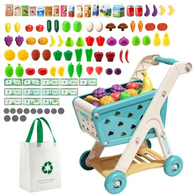 Jovow 102pcs Kids Shopping Cart Trolley Play Set with Pretend Food and Accessories,Perfect for Ages 3+ Pretend Play and Role-Playing Games